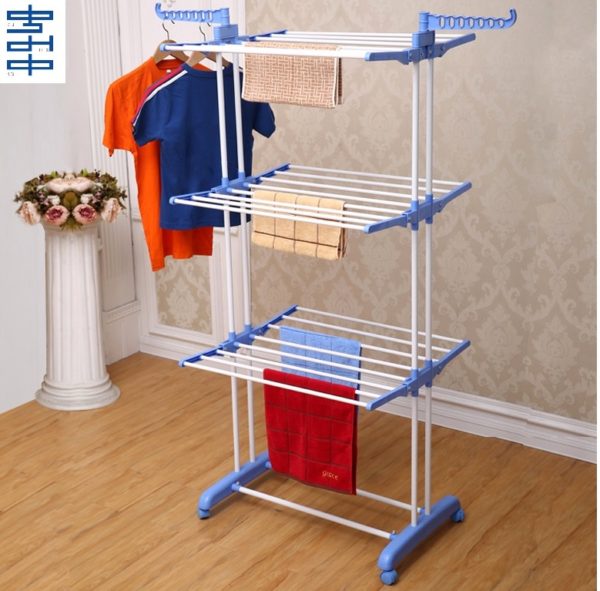 Powder-Coated Steel Double Pole Cloth Drying Laundry Rack Stand(Blue)